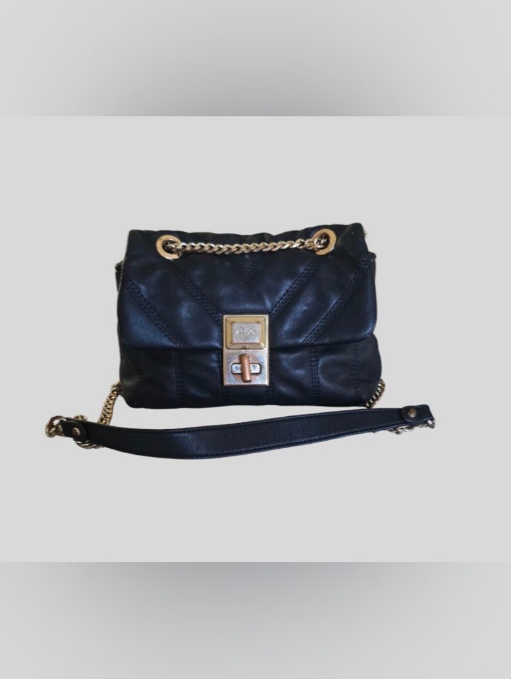 Aldo Rhili Quilted Faux Leather Black Crossbody Bag, Gold Chain Strap Purse